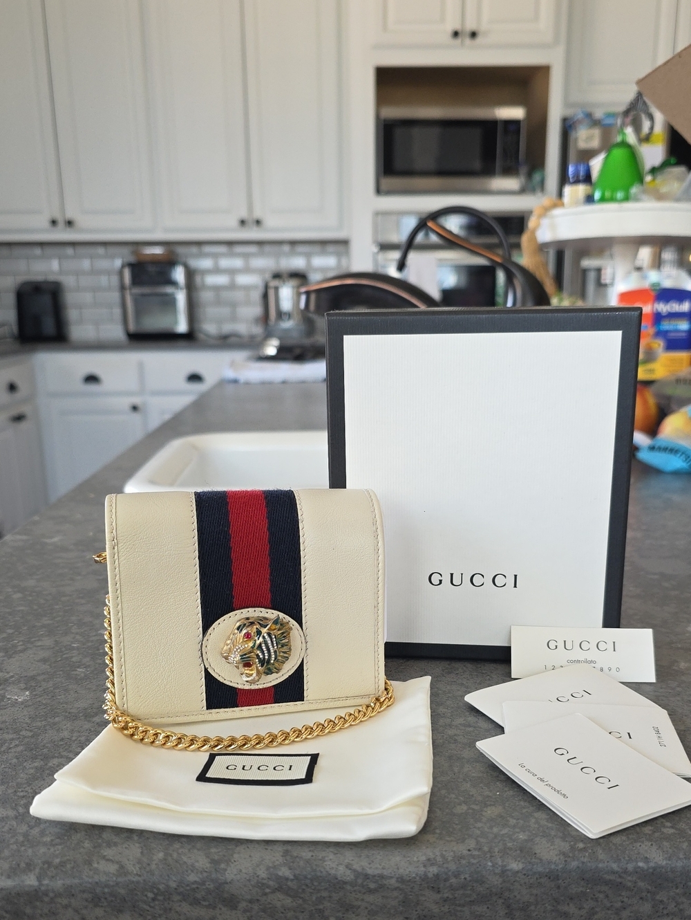 Gucci Raja Cream Leather Mini Chain Wallet with Navy and Red Web Stripe